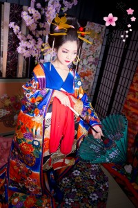 色鮮やかな豪華な刺繍の入った打掛を着て和傘を持つ立ち姿の本格古典風花魁